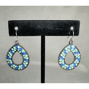 Cut Out Silver Tone Teardrop Dangle Earrings with Blues & Pale Green - 1 3/8"